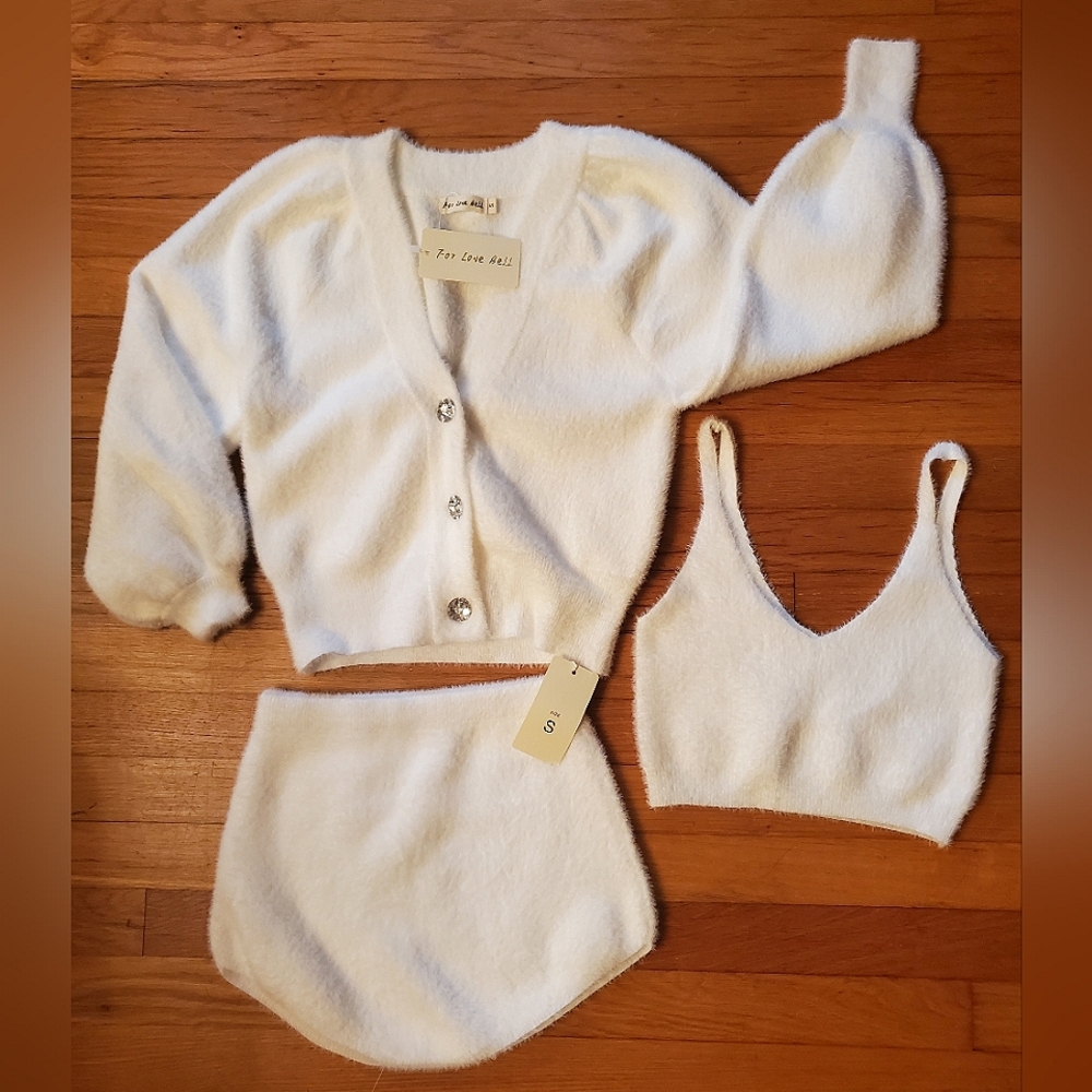 White Fuzzy Cardigan, Skirt, and Crop Top Set